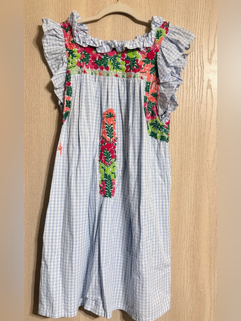 Mi Golondrina Light Blue Gingham Dress with Bright Floral Embroidery